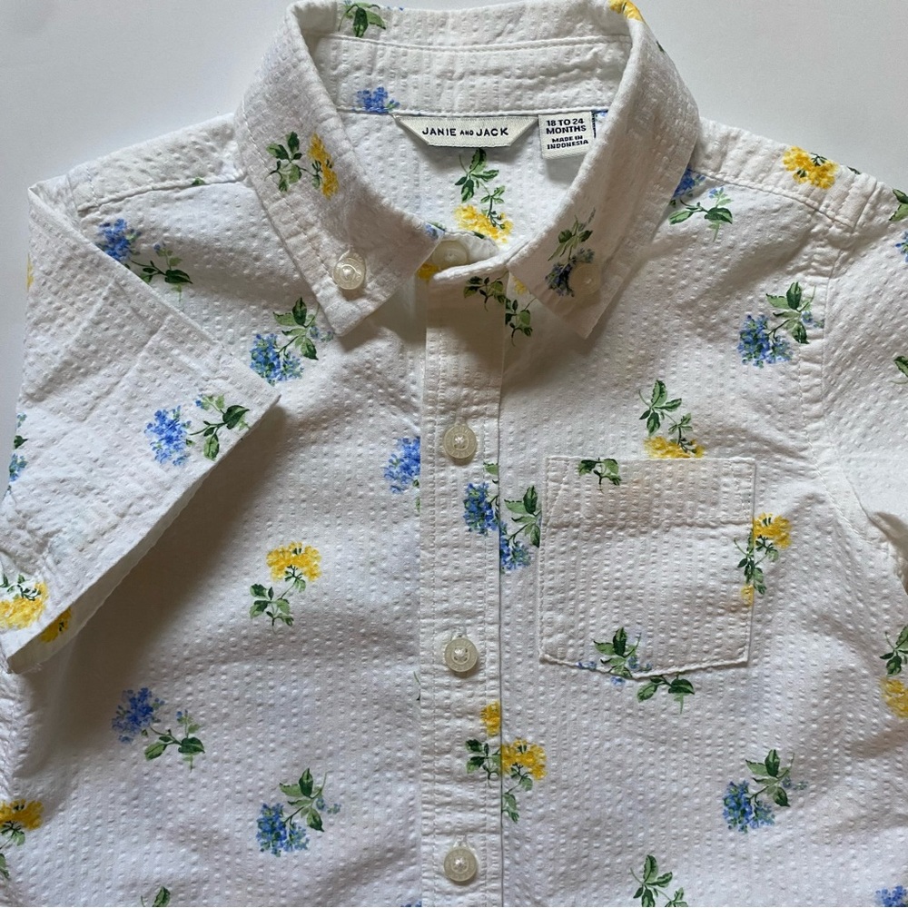 Janie and Jack Shirt Size 18 24 Months Floral Short Sleeve white Hawaiian EUC